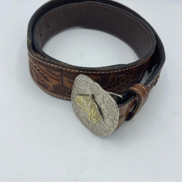 Eberle Leather Belt Hand Tooled Brown Size 36 (90 EU) Heavy Horse Buckle - Picture 1 of 7